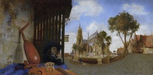 Carel Fabritius-view-of-delft-with-musical-instrument-sellers-stall 1652       